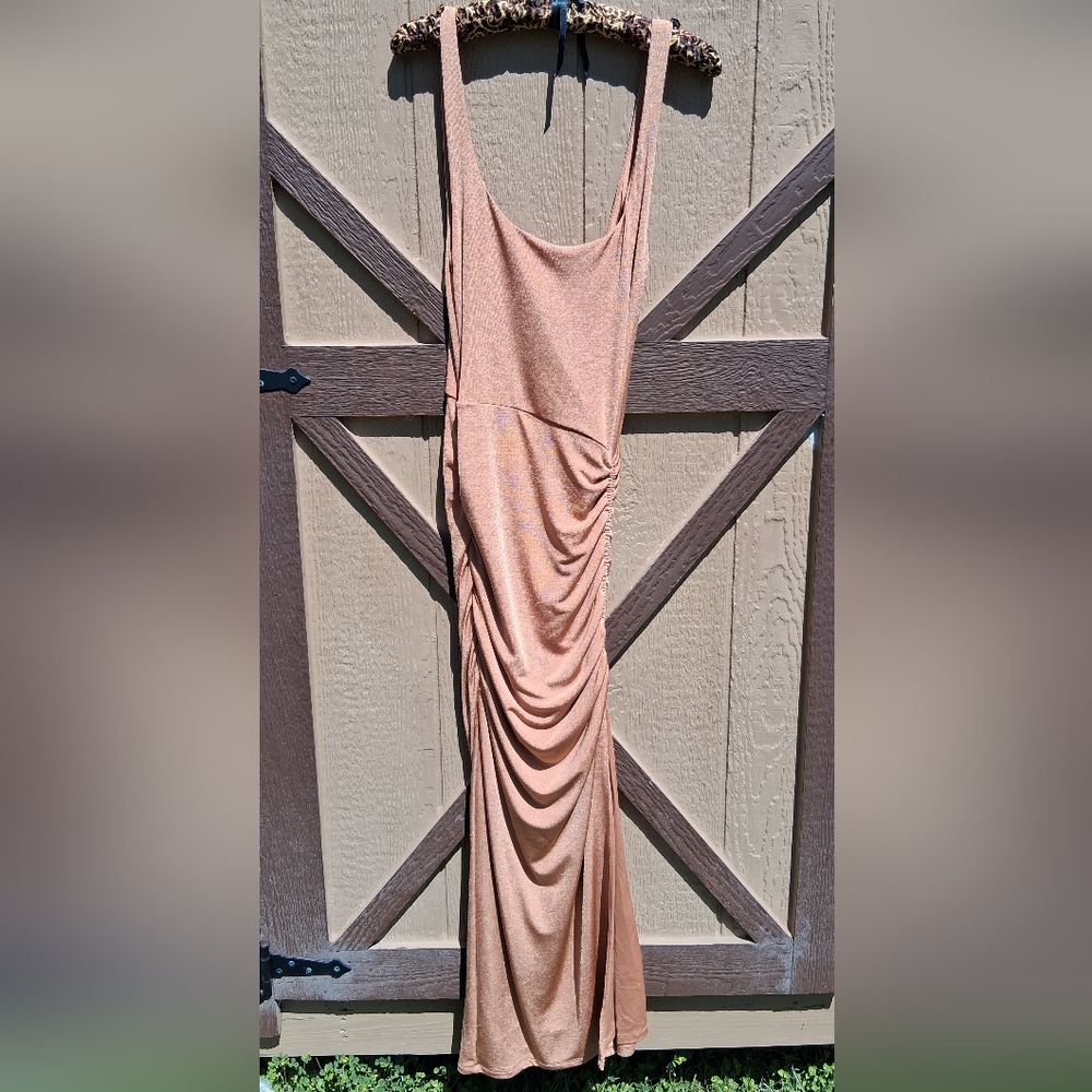 Mishka Blush Metallic Ruched Midi Dress